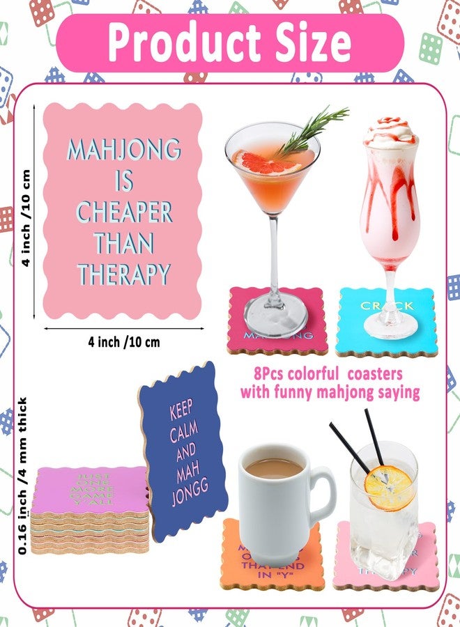 Newtay 8 Packs Mahjong Coasters 4'' Cute Wavy Edge Cork Coasters for Colorful Cups Drinks Table Protection Game Night Party Supplies Mahjong Accessories Gifts (Funny Sayings) - Image 2