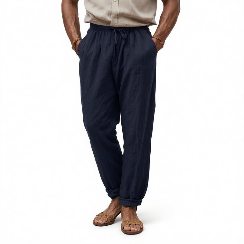 Men's Casual Linen Cotton Drawstring Lounge Pants Loose Fit Trousers - Image 5