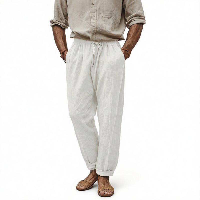 Men's Casual Linen Cotton Drawstring Lounge Pants Loose Fit Trousers - Image 1