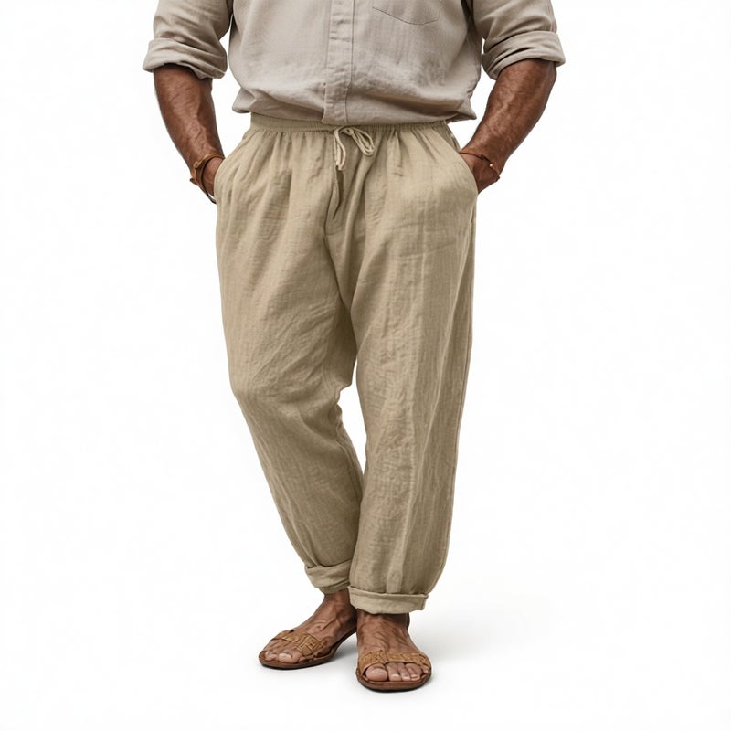 Men's Casual Linen Cotton Drawstring Lounge Pants Loose Fit Trousers - Image 3