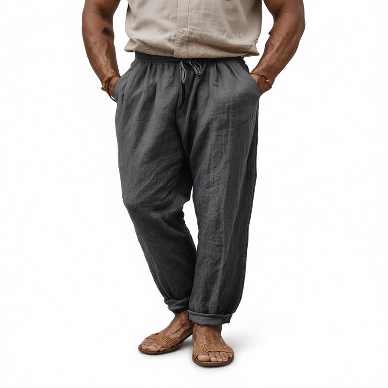Men's Casual Linen Cotton Drawstring Lounge Pants Loose Fit Trousers - Image 4