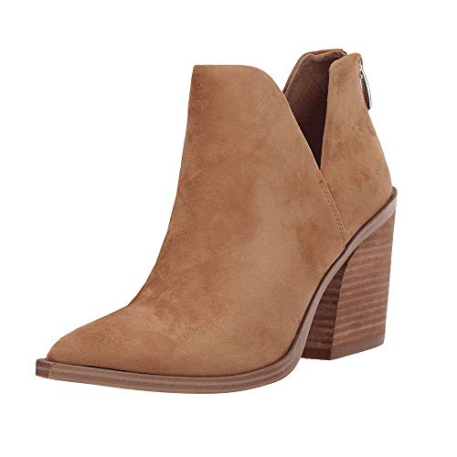 FISACE Womens Pointed Toe Stacked Mid Heel Ankle Boots V Cut Back Zipper Faux Leather Booties - Image 1
