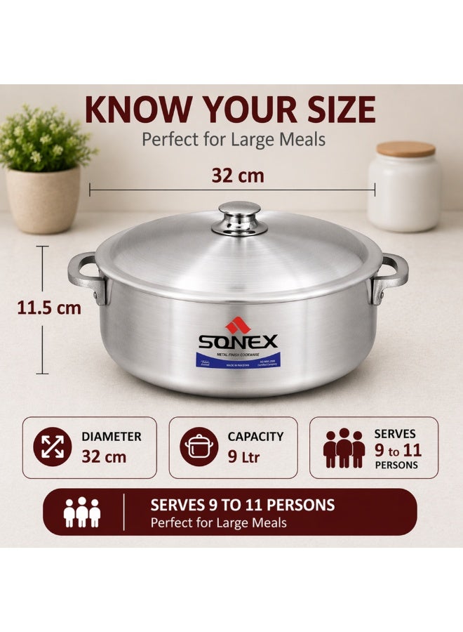 SONEX سونكس إمبريال كاليرو، 32 سم (9 لتر) – وعاء ضحل من الألمنيوم الممتاز، مقلاة هولندية، مقبض متين مثبت، توزيع حراري ممتاز، آمن في غسالة الصحون، مثالي للأرز، اليخنات، الطهي البطيء، والكسكسي. - Image 2