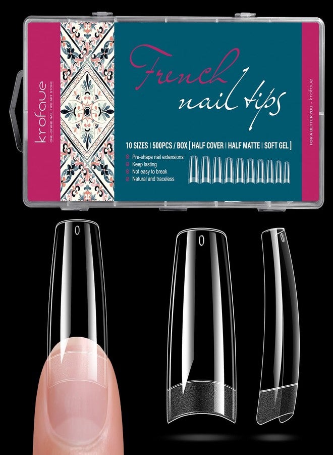 krofaue French Nail Tips - Acrylic Soft Gel False Tips 500PCS Half Cover Square Fake Nails for Women Half Matte French Tip Press on Nails 10 Sizes - Image 1