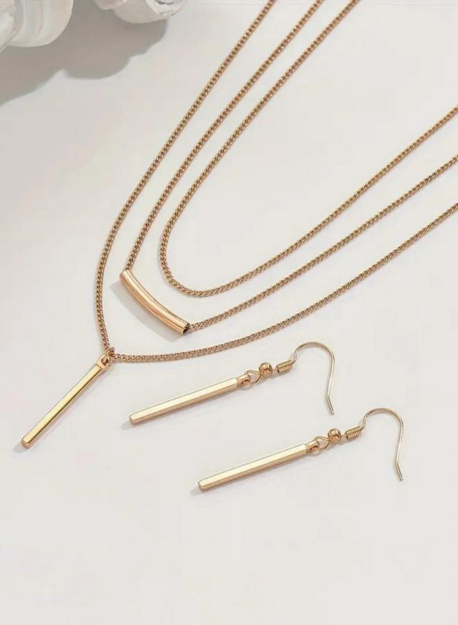 Take Two Bar Drop Layered Necklace and Earrings Jewelry Set - Image 4