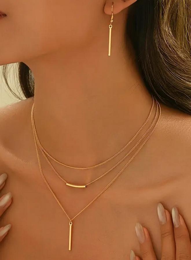 Take Two Bar Drop Layered Necklace and Earrings Jewelry Set - Image 2