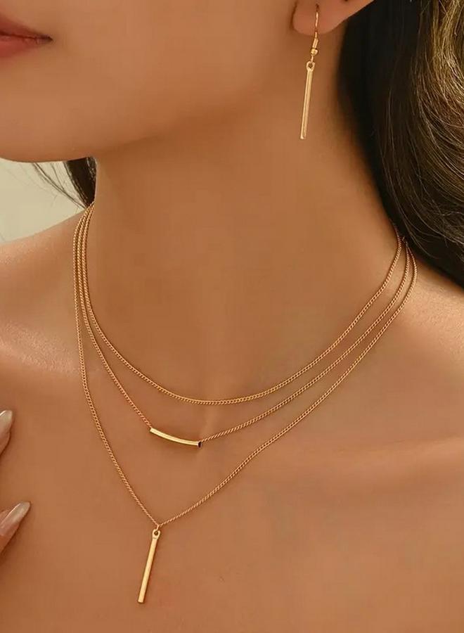 Take Two Bar Drop Layered Necklace and Earrings Jewelry Set - Image 1