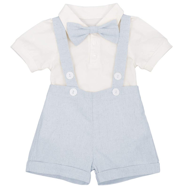IDOPIP Baby Boys Formal Suit Cake Smash Outfit 1st/2nd Birthday Party Romper Shirt + Suspenders Shorts Bib pants + Bowtie 3Pcs Set Summer Wedding Baptism Christening Clothes for Photo Shoot Blue 12-18M - Image 1