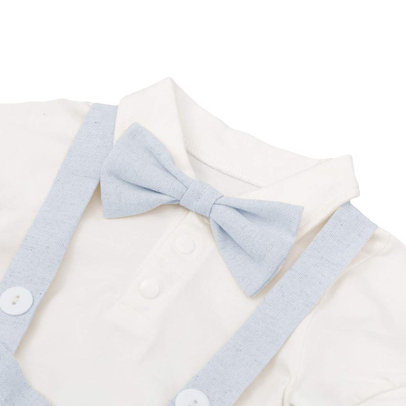 IDOPIP Baby Boys Formal Suit Cake Smash Outfit 1st/2nd Birthday Party Romper Shirt + Suspenders Shorts Bib pants + Bowtie 3Pcs Set Summer Wedding Baptism Christening Clothes for Photo Shoot Blue 12-18M - Image 4