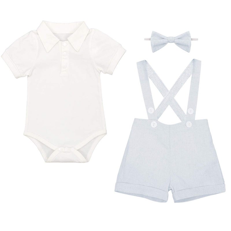IDOPIP Baby Boys Formal Suit Cake Smash Outfit 1st/2nd Birthday Party Romper Shirt + Suspenders Shorts Bib pants + Bowtie 3Pcs Set Summer Wedding Baptism Christening Clothes for Photo Shoot Blue 12-18M - Image 3