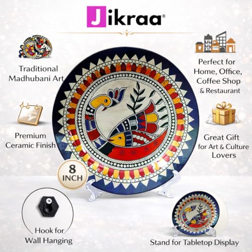 JIKRAA® Madhubni Art Ceramic Designer Wall and Table Top Plates | 2-in-1 Use : Beautiful Wall Decor and Stylish Tabletop Display | Decor Hanging Wall For Home | Wall Decor | Home Decor | Office Decor | Coffee Shop Decor | Restaurant Decoration | Size - 8 Inch - Image 5