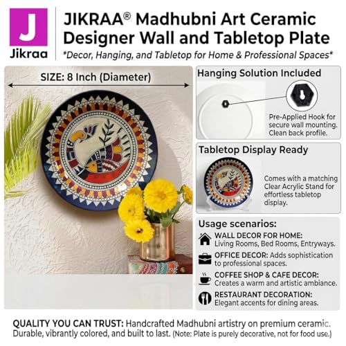 JIKRAA® Madhubni Art Ceramic Designer Wall and Table Top Plates | 2-in-1 Use : Beautiful Wall Decor and Stylish Tabletop Display | Decor Hanging Wall For Home | Wall Decor | Home Decor | Office Decor | Coffee Shop Decor | Restaurant Decoration | Size - 8 Inch - Image 4