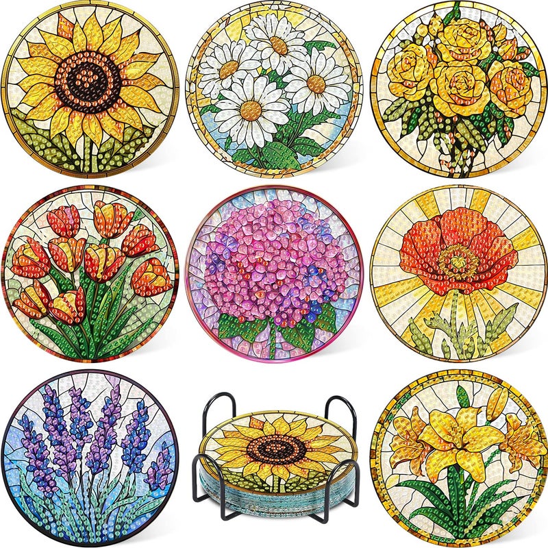 hkejoi 8 Pcs Flower Diamond Art Coasters Kit For Adults  Flowers Diamond Painting Coasters With Holder  5D Gem Art Diy Crafts Diamond Dots For Gift Life - Image 1