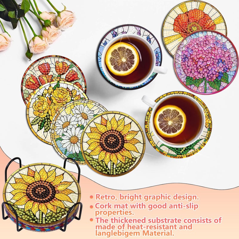 hkejoi 8 Pcs Flower Diamond Art Coasters Kit For Adults  Flowers Diamond Painting Coasters With Holder  5D Gem Art Diy Crafts Diamond Dots For Gift Life - Image 2