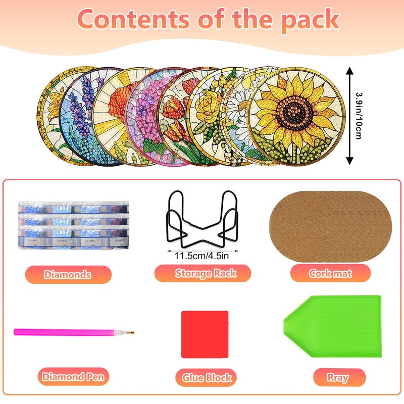 hkejoi 8 Pcs Flower Diamond Art Coasters Kit For Adults  Flowers Diamond Painting Coasters With Holder  5D Gem Art Diy Crafts Diamond Dots For Gift Life - Image 3