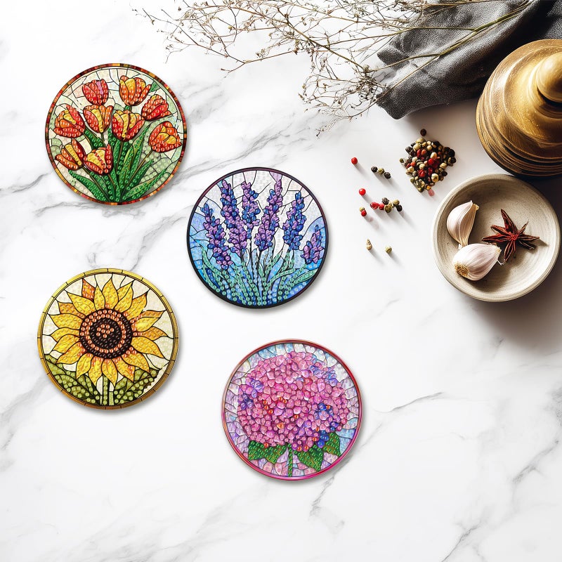 hkejoi 8 Pcs Flower Diamond Art Coasters Kit For Adults  Flowers Diamond Painting Coasters With Holder  5D Gem Art Diy Crafts Diamond Dots For Gift Life - Image 5