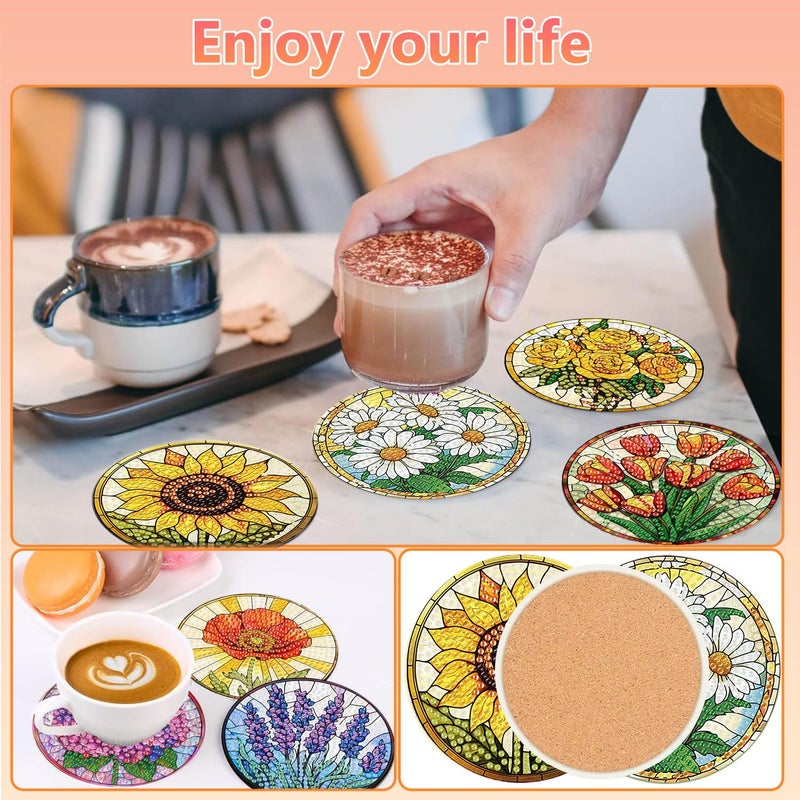 hkejoi 8 Pcs Flower Diamond Art Coasters Kit For Adults  Flowers Diamond Painting Coasters With Holder  5D Gem Art Diy Crafts Diamond Dots For Gift Life - Image 4