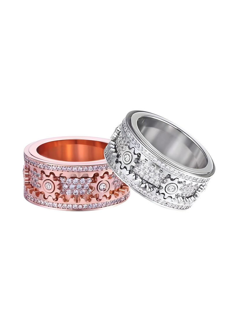 SYOSI 2Pcs Fidget Ring Anxiety Ring Men's Women Engagement Rings for Women Mens Anxiety Stress Relieving Band Rings Couples Rotating Mechanical Gear Ring（Silver: Size 10+ Rose Gold: Size 8） - Image 1