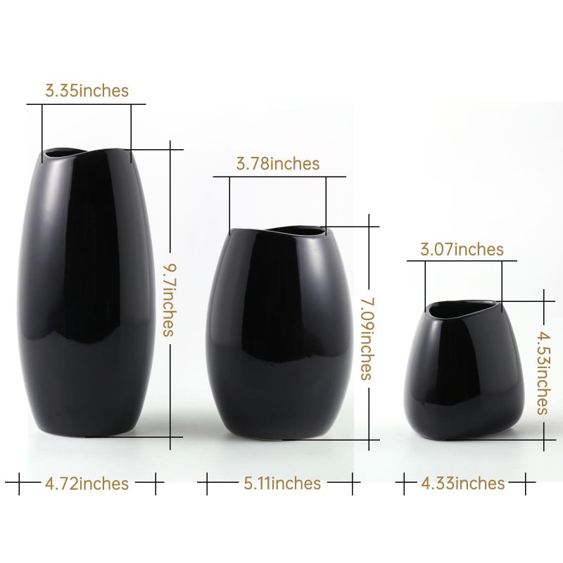 hjn Ceramic Vase Set of 3 Black Flower Vase for Home Decor, Modern Decorative Vase for Flowers/Ideal Shelf Decor/Table/Living Room/Kitchen/Office-Black - Image 4