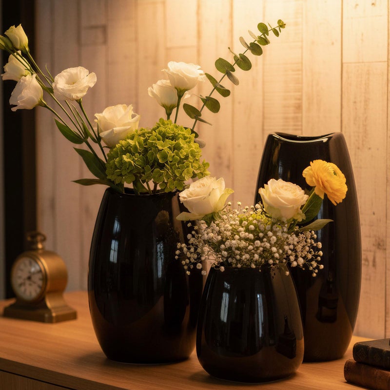 hjn Ceramic Vase Set of 3 Black Flower Vase for Home Decor, Modern Decorative Vase for Flowers/Ideal Shelf Decor/Table/Living Room/Kitchen/Office-Black - Image 2