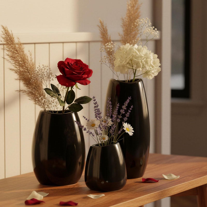 hjn Ceramic Vase Set of 3 Black Flower Vase for Home Decor, Modern Decorative Vase for Flowers/Ideal Shelf Decor/Table/Living Room/Kitchen/Office-Black - Image 5