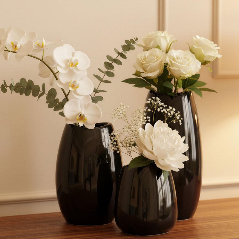 hjn Ceramic Vase Set of 3 Black Flower Vase for Home Decor, Modern Decorative Vase for Flowers/Ideal Shelf Decor/Table/Living Room/Kitchen/Office-Black - Image 1