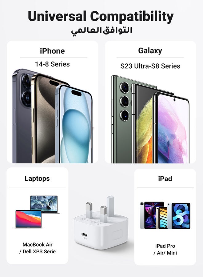 يو جرين شاحن iPhone 15 Pro بقدرة 30 وات ومحول طاقة USB-C وشحن سريع من النوع C وشاحن جداري PD بقدرة 30 وات لهاتف iPhone 15 Pro Max/ 15 Pro/15/15 Plus وiPad وما إلى ذلك باللون الأبيض - Image 4