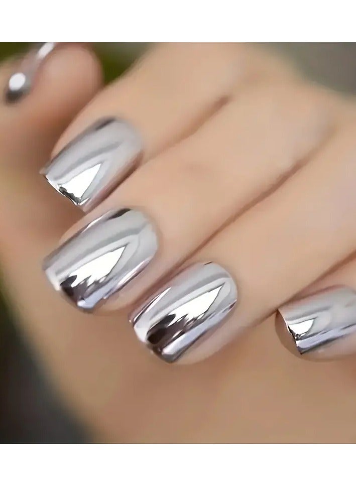 أوريتي متوسطة الضغط على الأظافر، فضية مرآة لامعة الأظافر المزيفة، الاكريليك كل غطاء الأظافر المزيفة للنساء والفتيات 24pcs، دون الأسيتون - Image 1