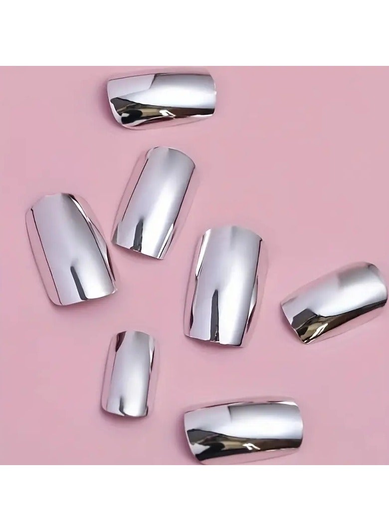 أوريتي متوسطة الضغط على الأظافر، فضية مرآة لامعة الأظافر المزيفة، الاكريليك كل غطاء الأظافر المزيفة للنساء والفتيات 24pcs، دون الأسيتون - Image 4