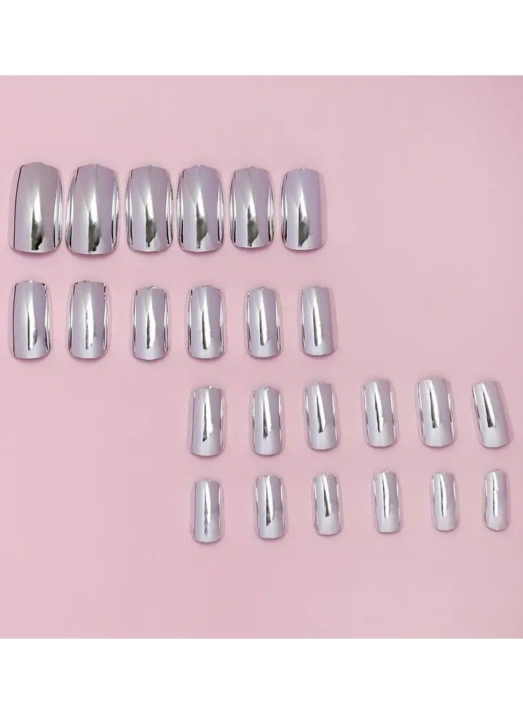 أوريتي متوسطة الضغط على الأظافر، فضية مرآة لامعة الأظافر المزيفة، الاكريليك كل غطاء الأظافر المزيفة للنساء والفتيات 24pcs، دون الأسيتون - Image 5