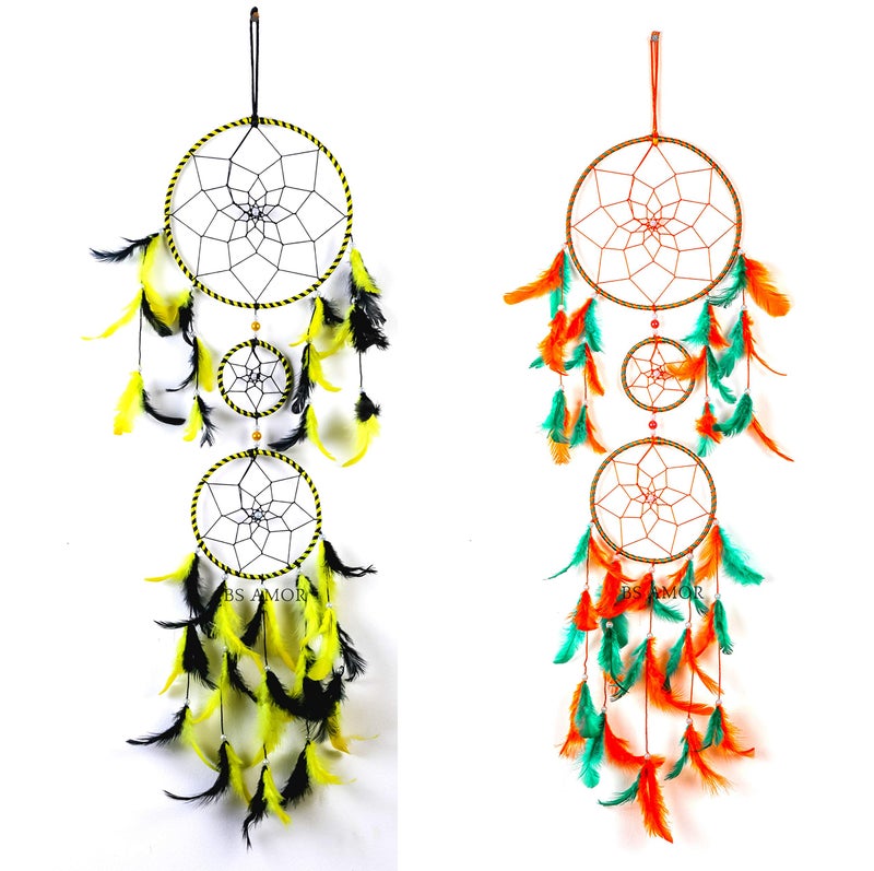 BS AMOR Combo of Dream Catcher Attract Positive Dreams Traditional Indian Wall Art for Bedrooms, Home Wall, Hanging Design Wool Dream Catcher - Yellow Black and Orange Green Pack of 2 - Image 1