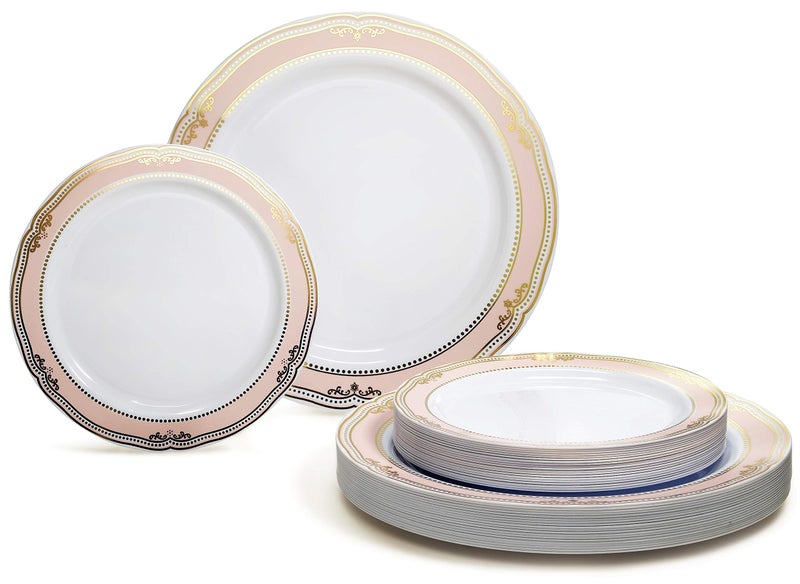 OCCASIONS FINEST PLA "" OCCASIONS "" 50 Plates Pack (25 Guests)-Wedding Party Disposable Plastic Plate Set -25 x 10.25'' Dinner + 25 x 7.5'' Salad & Dessert plates (Scalloped in White/Blush & Gold) - Image 1