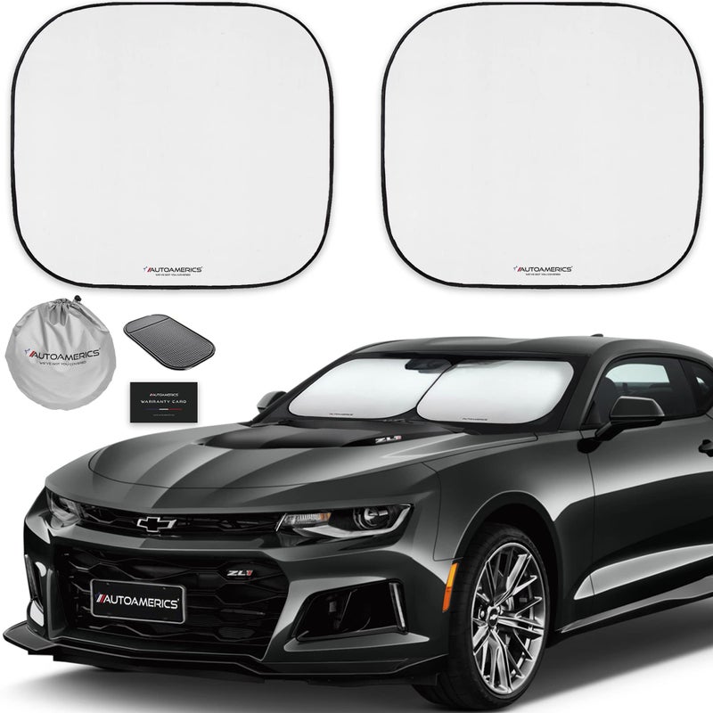 Autoamerics 2Piece Windshield Sun Shade  Foldable Car Front Window Sunshade for Most Compact Sports Cars  Auto Sun Blocker Visor Protector Blocks 99 UV Rays and Keeps Your Vehicle Cool  Small Fit