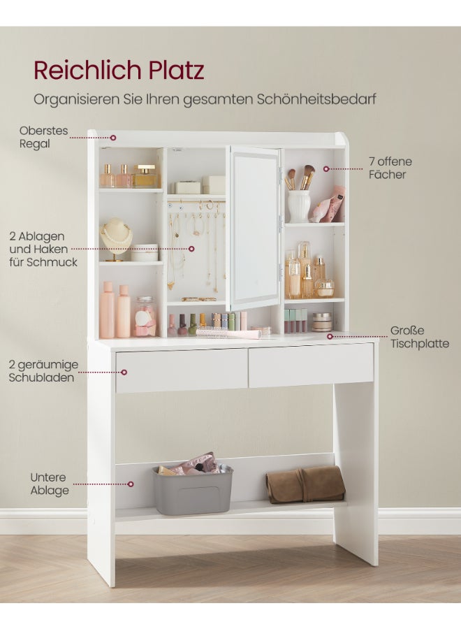 VASAGLE Dressing Table with LED Lights, 3 Light Colours, Adjustable Brightness, Vanity Desk with Mirror, Spacious, Vanity Table with Adjustable Shelves, 2 Drawers, Makeup Desk, Modern White - Image 3