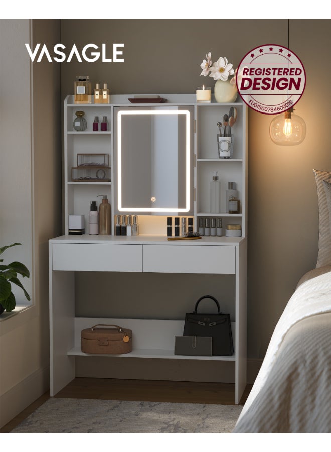 VASAGLE Dressing Table with LED Lights, 3 Light Colours, Adjustable Brightness, Vanity Desk with Mirror, Spacious, Vanity Table with Adjustable Shelves, 2 Drawers, Makeup Desk, Modern White - Image 2