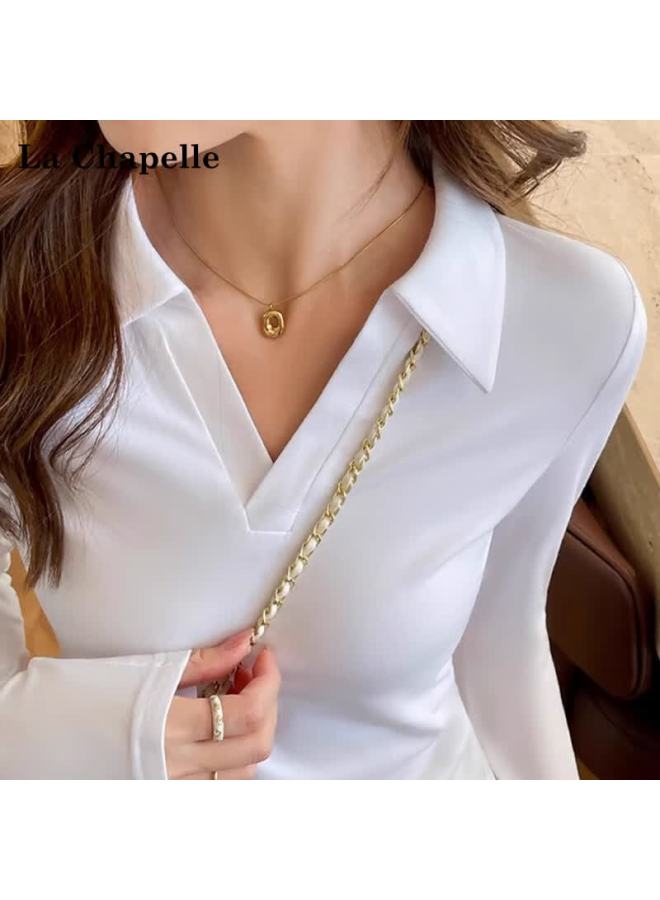 La Chapelle Women's Slim Fit Polo V-neck Long Sleeve T-shirt White S Spring Autumn Basic Top - Image 3