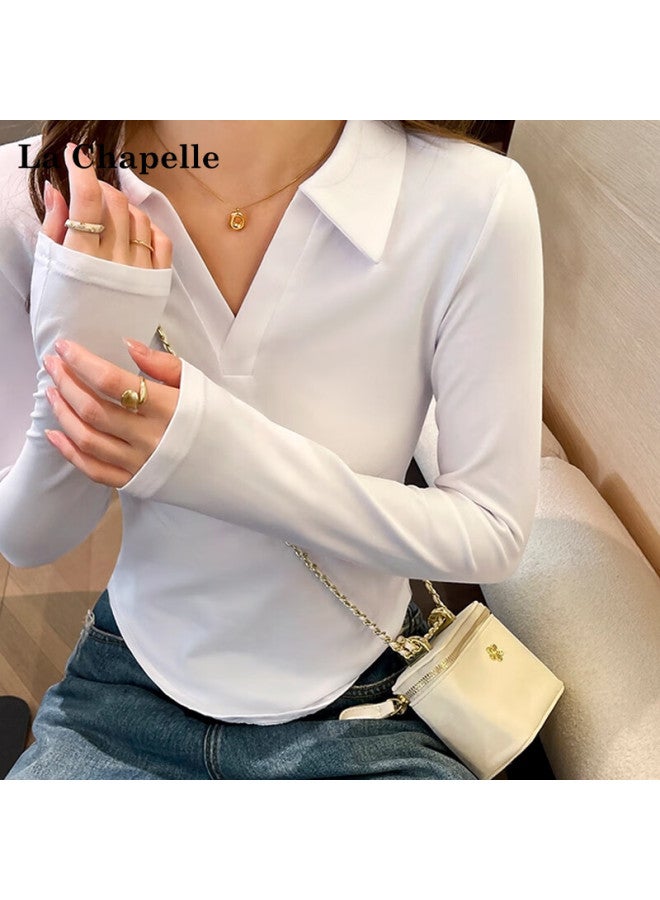 La Chapelle Women's Slim Fit Polo V-neck Long Sleeve T-shirt White S Spring Autumn Basic Top - Image 4