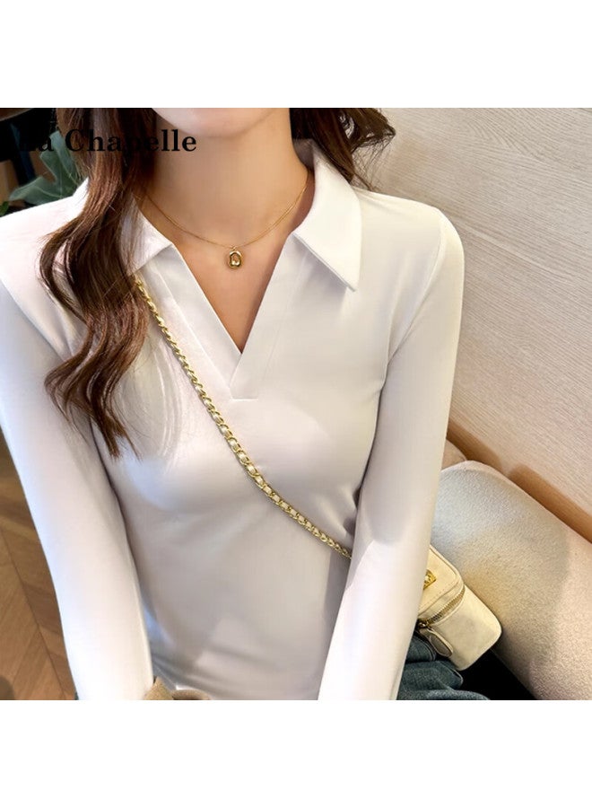 La Chapelle Women's Slim Fit Polo V-neck Long Sleeve T-shirt White S Spring Autumn Basic Top - Image 2