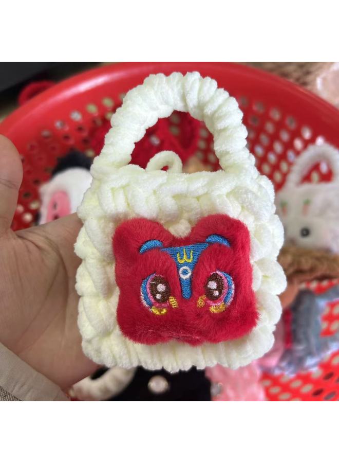 Pink Cute Cyber Red Bear Lion Wake Flower Plush Hand-woven Drop-resistant Headphone Bag Bluetooth Headphone Protective Cover Finished Product-Color:Red Lion Awakening Milky White  - Image 1
