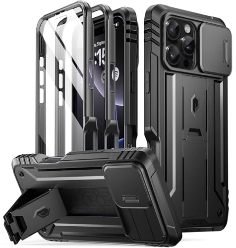 Poetic Revolution Case for iPhone 16 Pro Max 6.9 inch, [Slide Camera Cover], Full-Body Military Grade Rugged Shockproof Cover with Kickstand and Built-in-Screen Protector, Black - Image 1