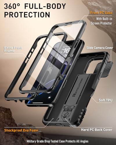 Poetic Revolution Case for iPhone 16 Pro Max 6.9 inch, [Slide Camera Cover], Full-Body Military Grade Rugged Shockproof Cover with Kickstand and Built-in-Screen Protector, Black - Image 2