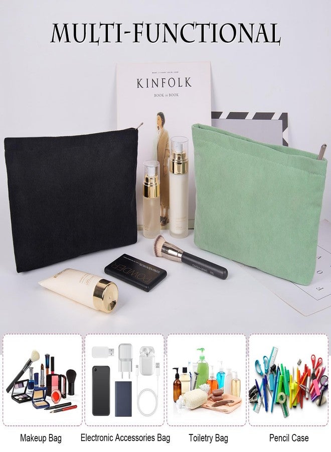 FITDON 2PCS Cosmetic Bags for Women Makeup Bag for Purse Small Corduroy Makeup Pouch Travel Make Up Bag with Zipper Toiletry Bag Organizer, Lightgreen - Image 2