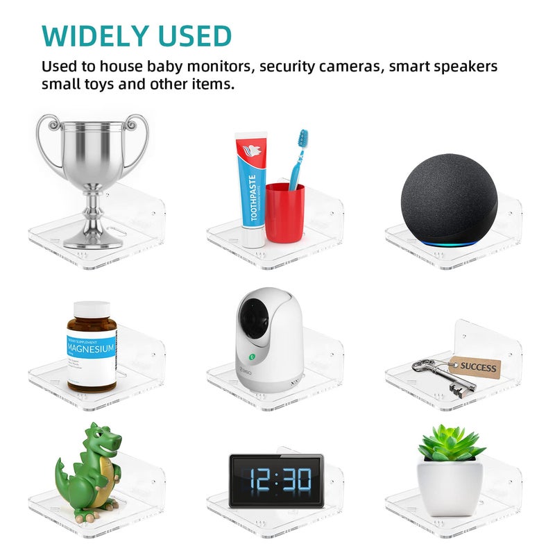 Liboer Wall Mount Floating Shelves for 2 Pcs Security Baby Camera Shelf Mini Speaker Other Small Items in Bedroom Bathroom Kitchen Living Room Clear Mini Shelf Flexible Use for Wall Space(S+L) - Image 4