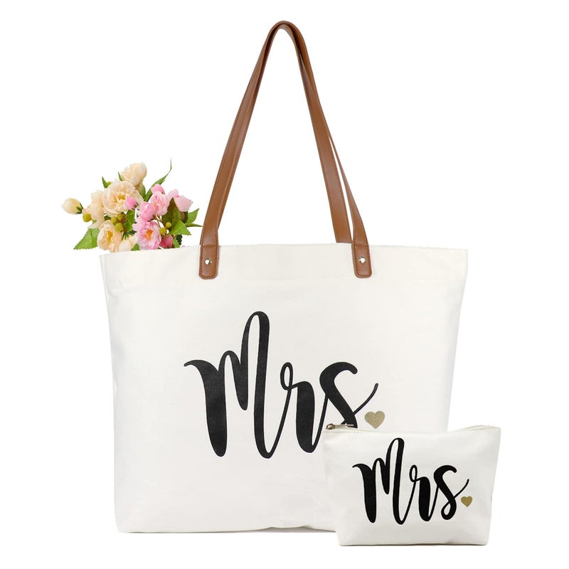 Lamyba Bride Tote Bag with Makeup Bag Mrs Tote Bridal Shower Gift Canvas White