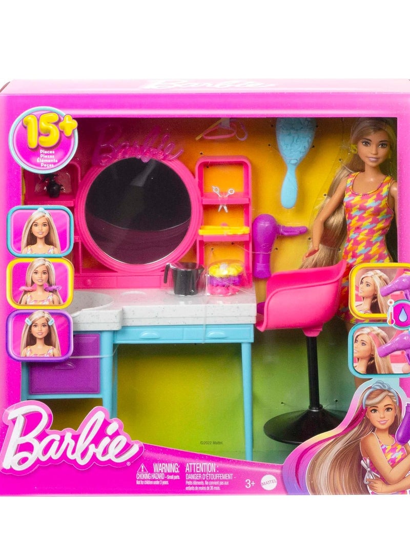 باربي مجموعة لعب الدمية وصالون الشعر، شعر طويل متغير اللون، فستان بطبعة مربعات، 15 إكسسوار تصفيف، HKV00 - Image 5