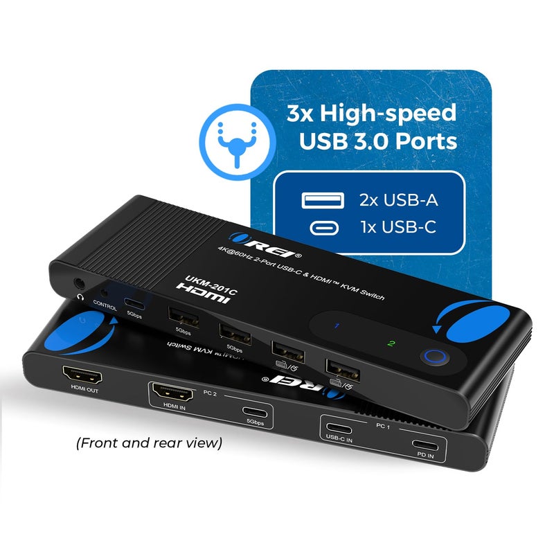 OREI 2x1 4K HDMI & USB-C KVM Switch, 4X Port USB-A, 1x USB-C Share Multiple Devices, Laptops, PC, on One Display Monitor, Keyboard Control, Peripheral Control, Analog Audio Out - Wired Remote Control - Image 2