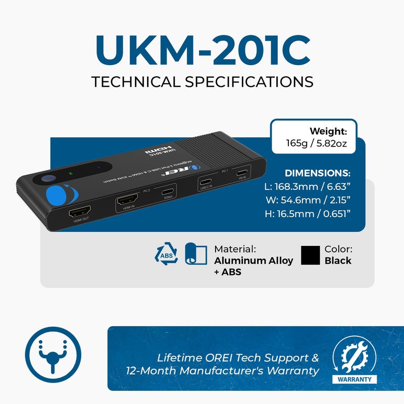 OREI 2x1 4K HDMI & USB-C KVM Switch, 4X Port USB-A, 1x USB-C Share Multiple Devices, Laptops, PC, on One Display Monitor, Keyboard Control, Peripheral Control, Analog Audio Out - Wired Remote Control - Image 5