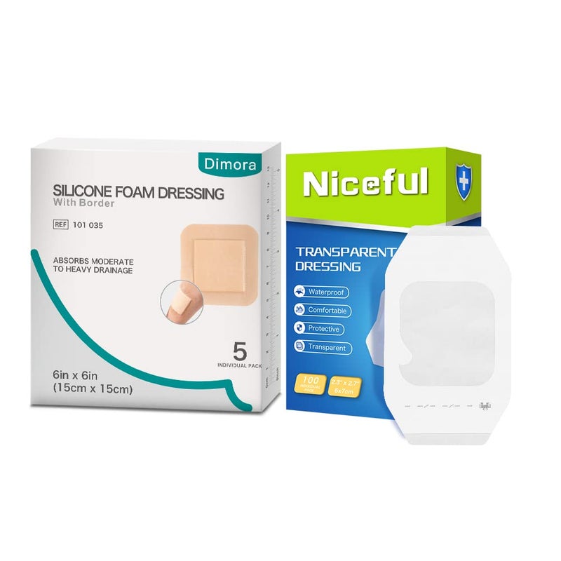 Dimora 100 Packs Transparent Film Dressing 236 x 275 in Silicone Bordered Foam Dressing 6x6 in 5 Packs Waterproof Sterile Gentle Adhesive Wound Dressing - Image 1