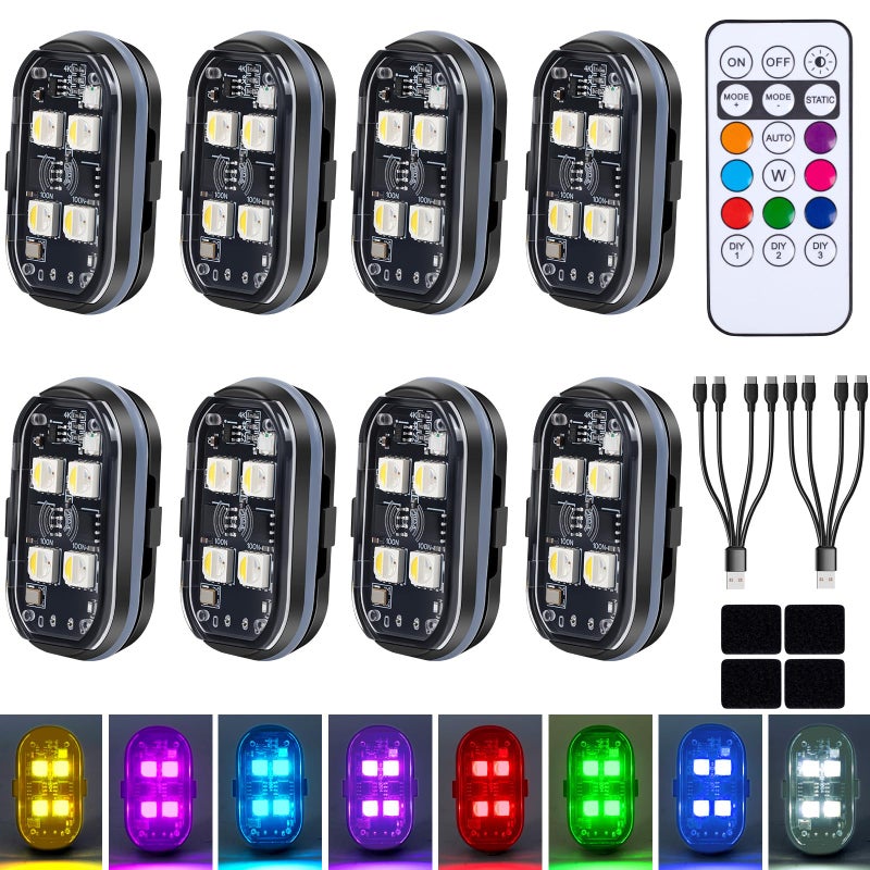 ترقية 4 المصابيح 8 قطع أضواء LED ستروب لاسلكية مع جهاز التحكم عن بعد 8 ألوان نوع C أضواء LED قابلة للشحن المضادة للتصادم ضوء تحذير للسيارة دراجة نارية دراجة بدون طيار الطائرات - Image 1