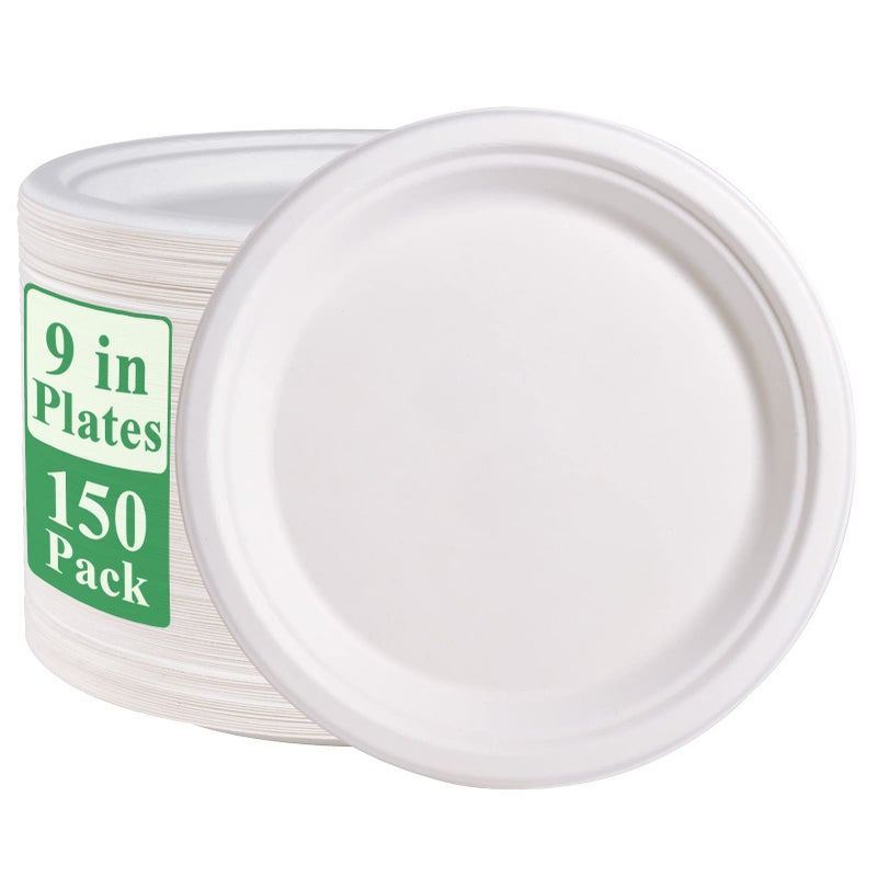 Vplus 150 Pack Paper Plates 9 inch 100% Compostable  Heavy-Duty Disposable Paper Plates Bagasse Natural Biodegradable Eco-Friendly Sugarcane(White) - Image 1